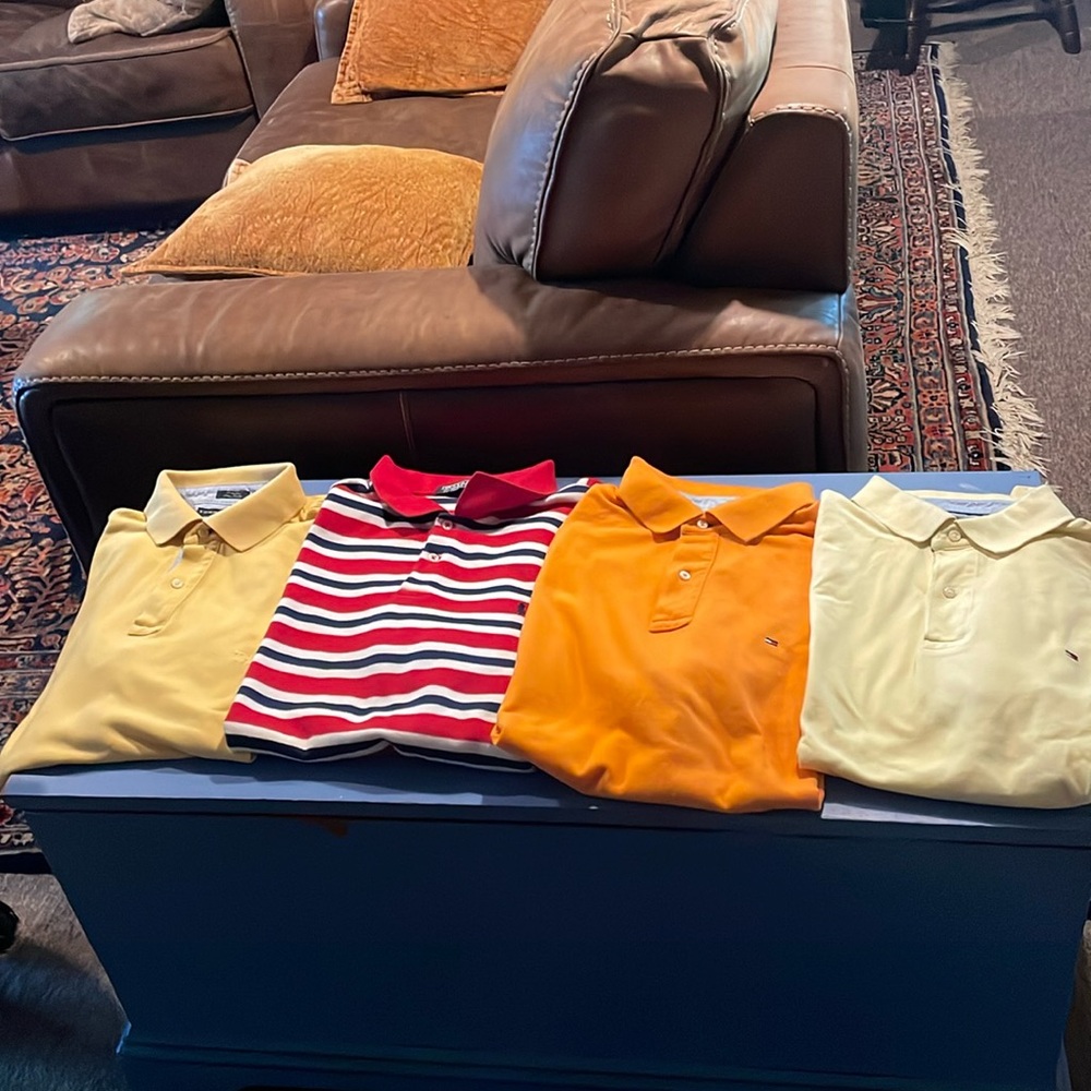 4 like new men’s golf shirts - 3 Large Tommy Hilfiger & 1 XL Polo